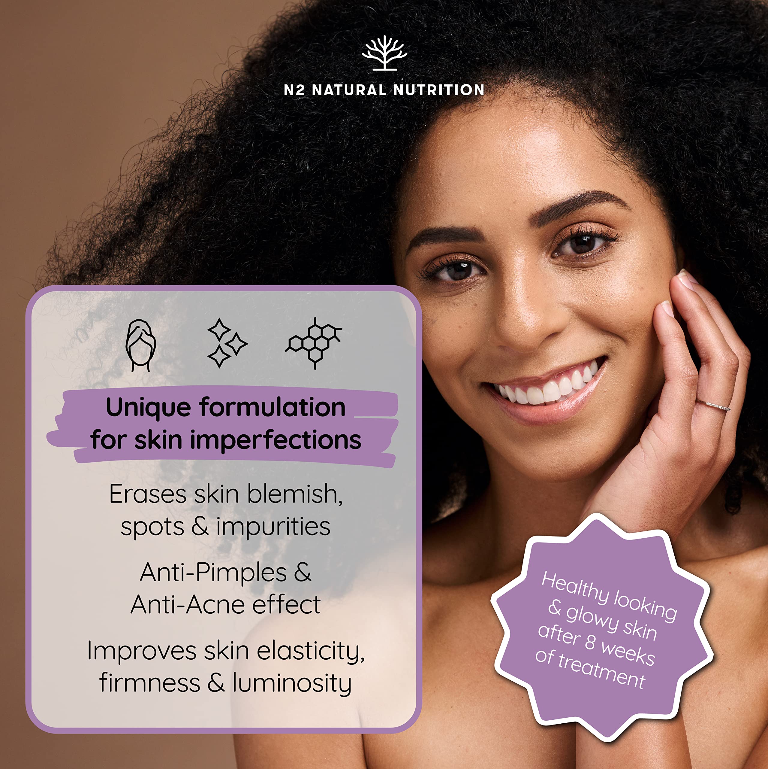 Probiotics for a Healthy Skin. Reduces Spots & Imperfections. Anti Acne effect. Improves Elasticity, Firmness & Luminosity. With SKINAX²™, Zinc & Vitamins. 45 capsules. CE. Vegan. N2 Natural Nutrition