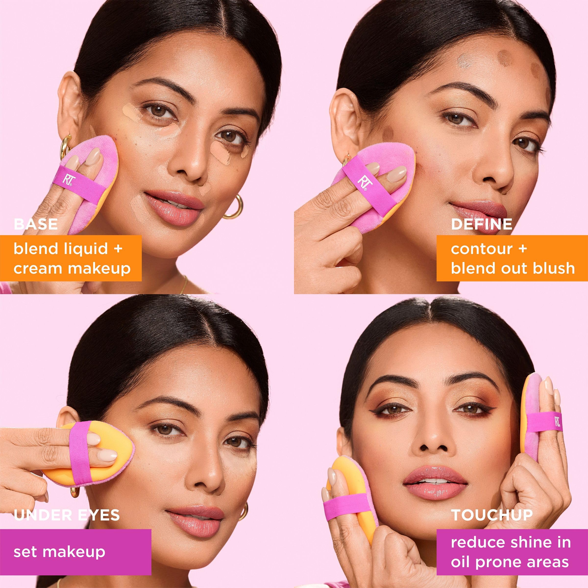 Real Techniques Miracle 2-In-1 Powder Puff + Travel Case, Dual-Sided Makeup Blending Puff, Elastic Band, Precision Makeup Sponge & Powder Puff, For Liquid, Cream & Powders, Travel Case, 2 Count