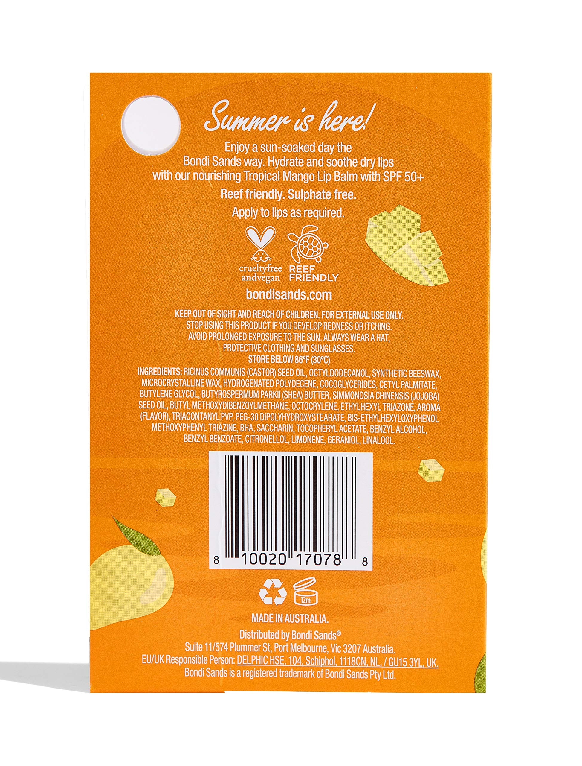 Bondi Sands Tropical Mango Lip Balm with SPF 50+ | Nourishing Formula Locks in Moisture + Provides UVA+UVB Protection, Enriched with Shea Butter, Jojoba Oil, & Vitamin E, Vegan + Cruelty Free | 10g