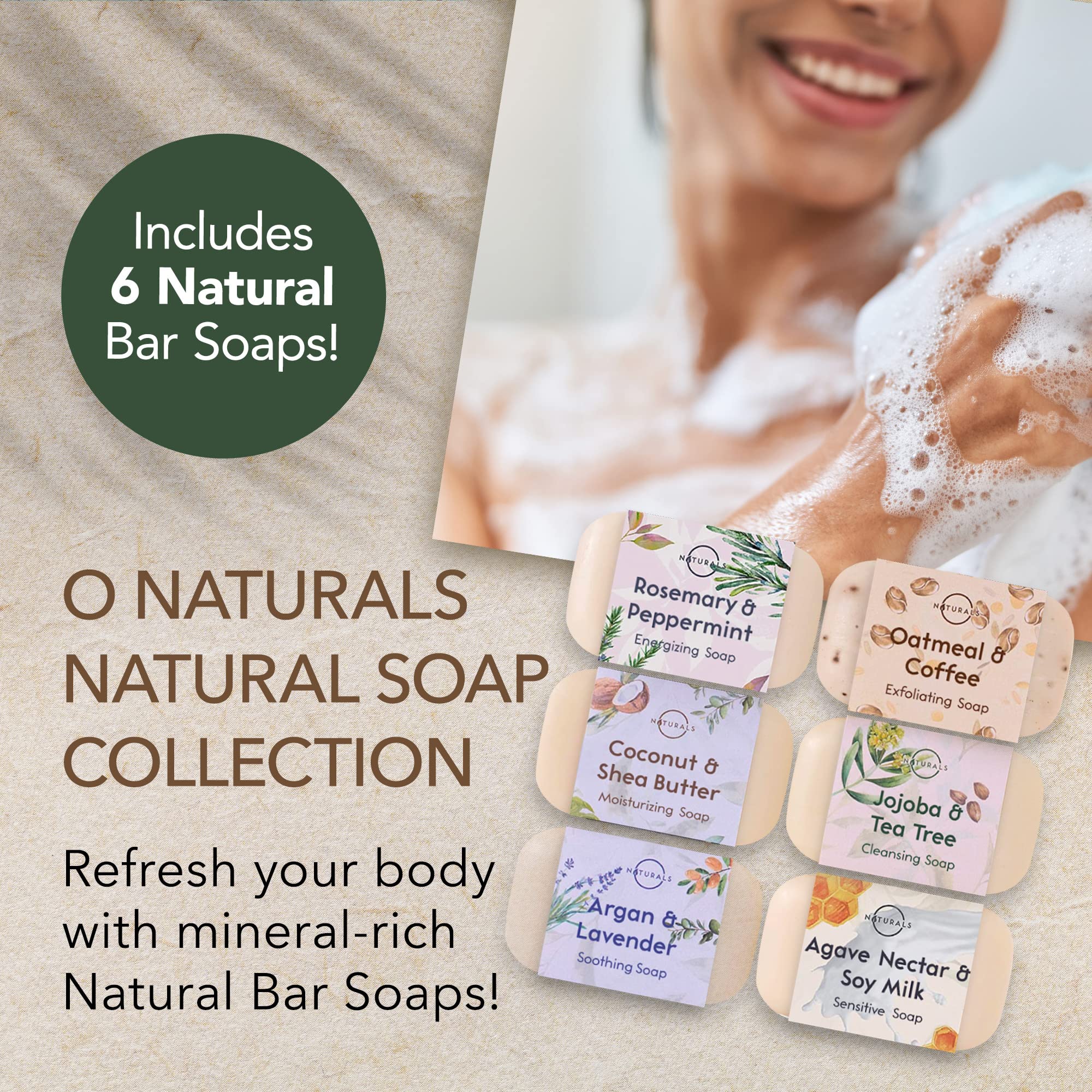O Naturals Moisturizing Soap Bars - Natural Soap Bar, Organic Soap - Body Soap Bars, Face Soap & Hand Soap - Shower Soap, Body Wash Bar - Stocking Stuffers for Adults (6 pieces, Natural Soap)
