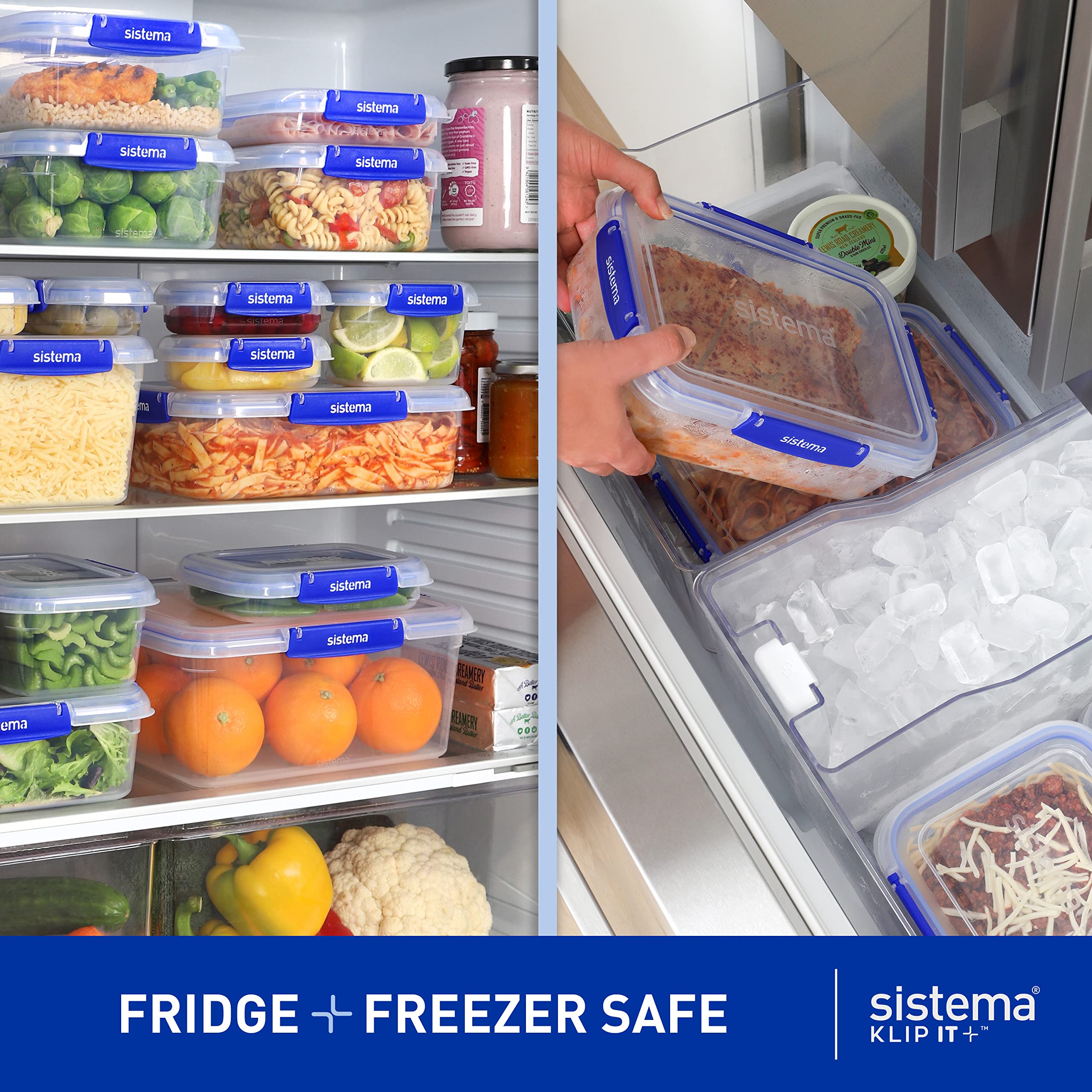Sistema KLIP IT PLUS Food Storage Containers | 3.35 L | Leak-Proof, Stackable & Airtight Fridge/Freezer Containers with Lids | BPA-Free Plastic | Blue Clips | 3 Count