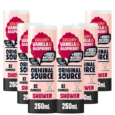 Original Source Vanilla & Raspberry Shower Gel, 100 Percent Natural Fragrance, Vegan, Cruelty Free, Paraben Free, Bulk Buy, Pack of 6 x 250 ml