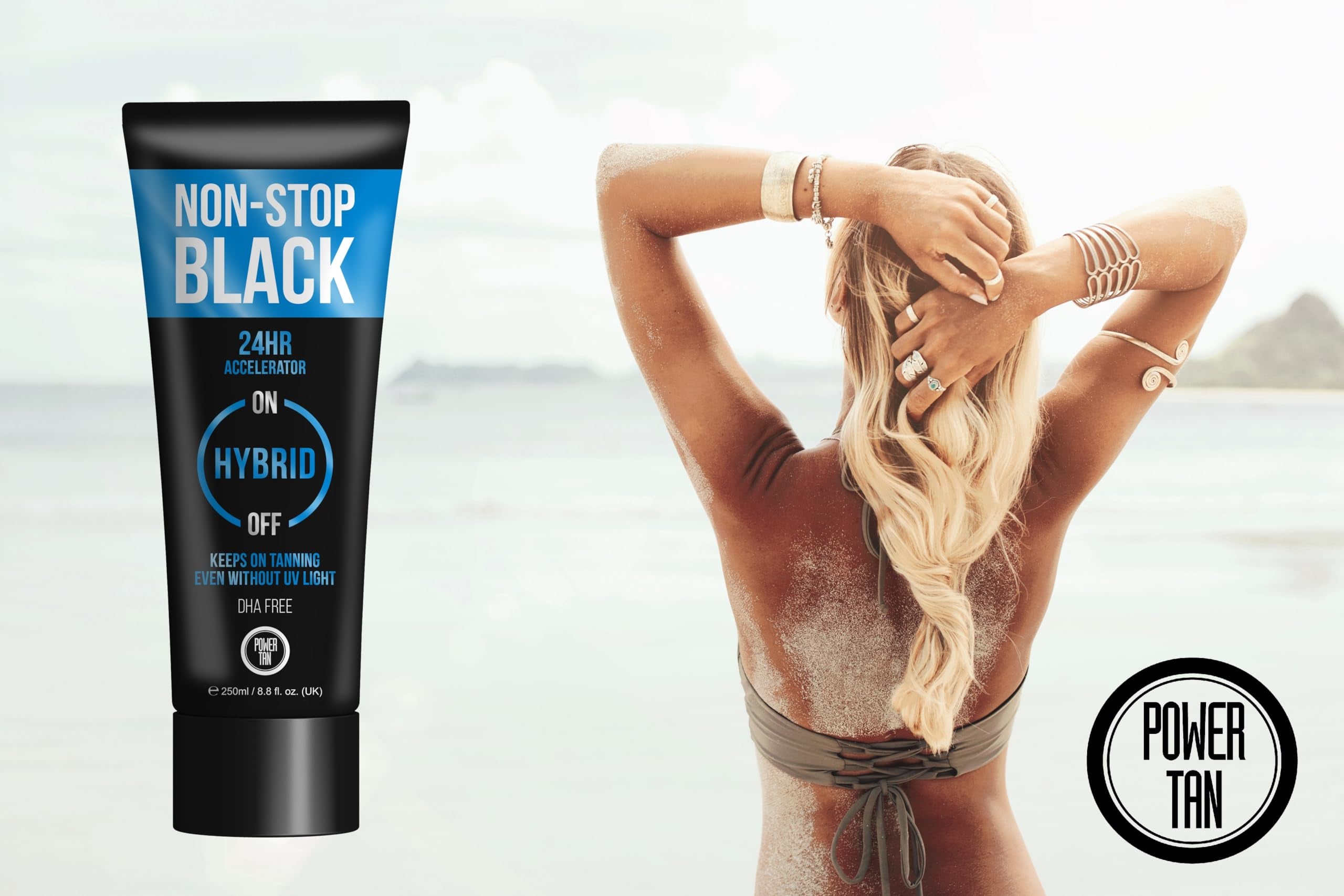 Power Tan Non-Stop Black (DHA Free) Hybrid UV Sunbed Tanning Accelerator Lotion 250ml