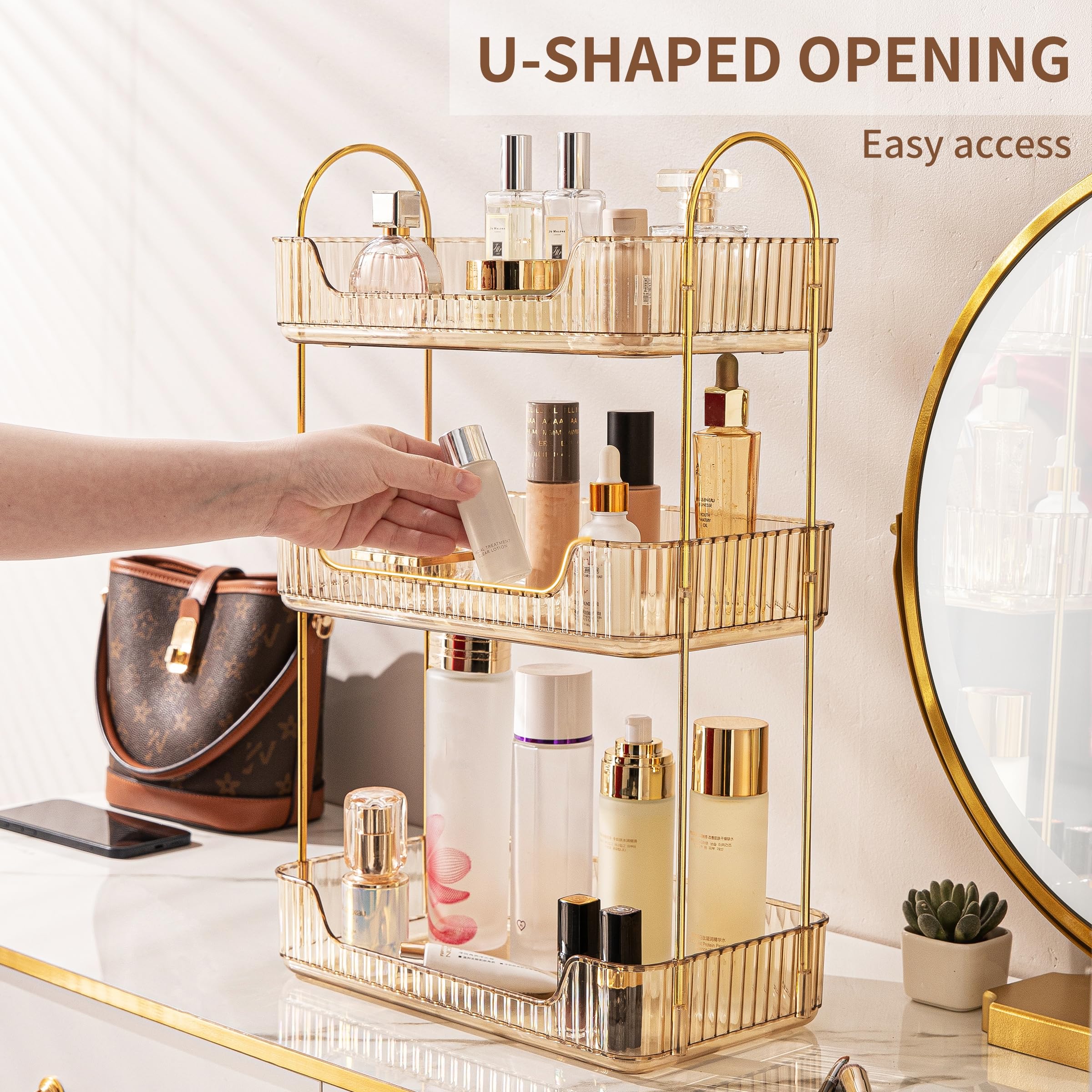 Bathroom Organiser Countertop, Vanity Trays for Bathroom, Skincare Makeup Organiser Shelf, Vanity Organiser, Bathroom Counter Shelf for Cosmetics, Toiletries, Lotions, Perfumes (3 Tiers, Amber)