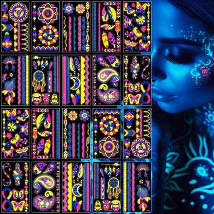 Glow in the Dark Neon Temporary Tattoos - 20 Sheets, 170+ Unique Designs for Party Rave Festival