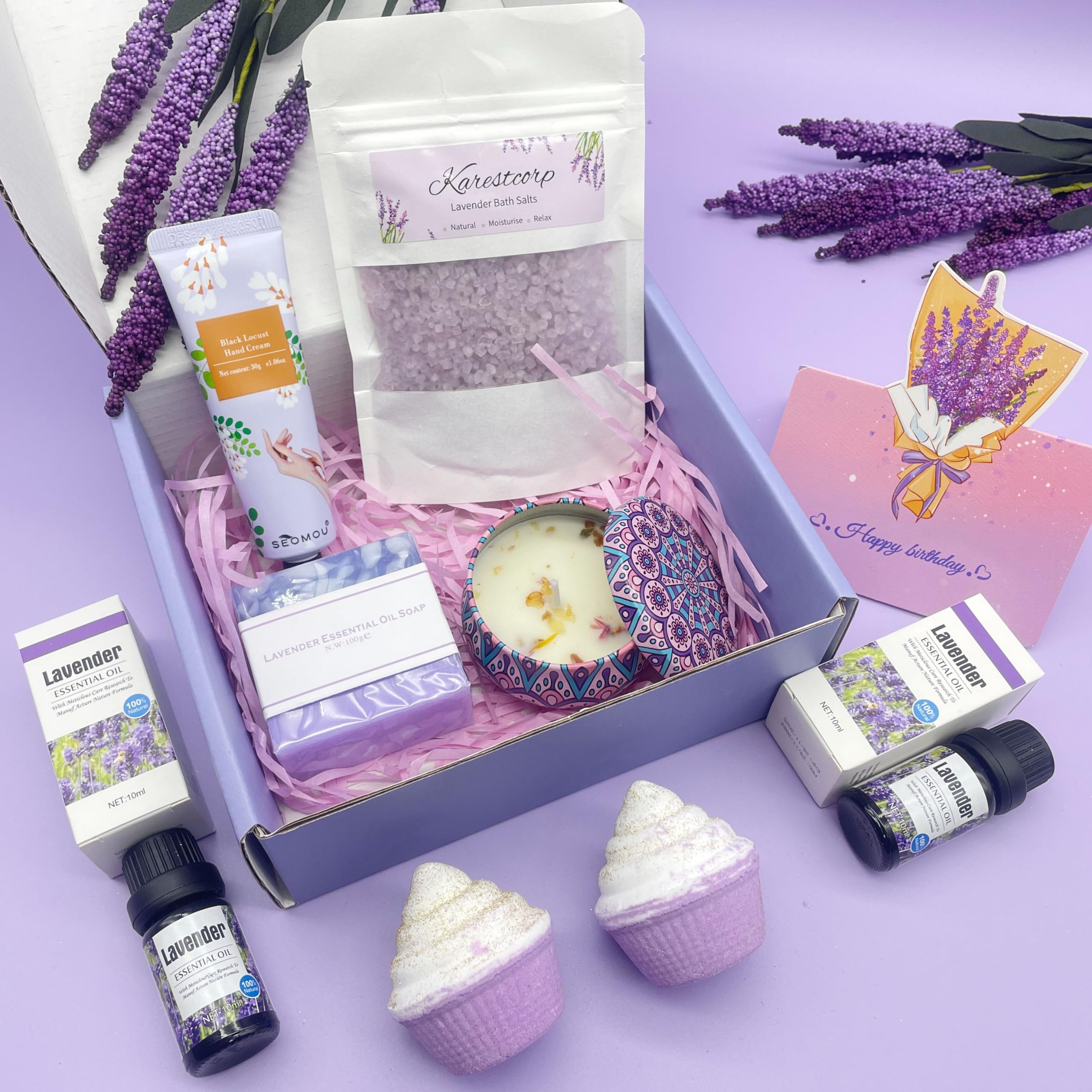 Bath Set Birthday Gifts for Women, Lavender Pamper Hampers for Her, Self Care Skin Care Gifts Box for Mum Best Friend Sister Wife Girlfriend, Ladies Relaxation SPA Bath Bombs Gift Set