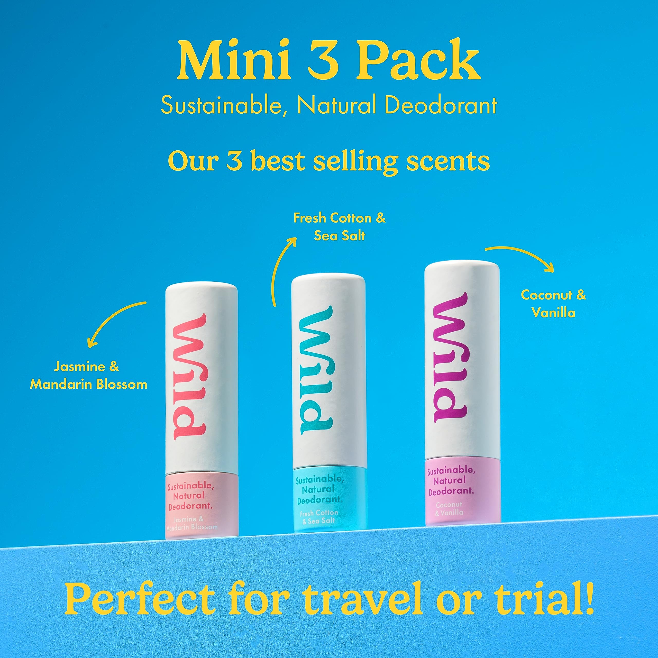 Wild - Pack of 3 Mini Deodorants - Natural Ingredients & Aluminium Free - Long Lasting Protection - Great for Holiday & Travel - Plastic Free - Vegan & Eco-Friendly - Trial Size