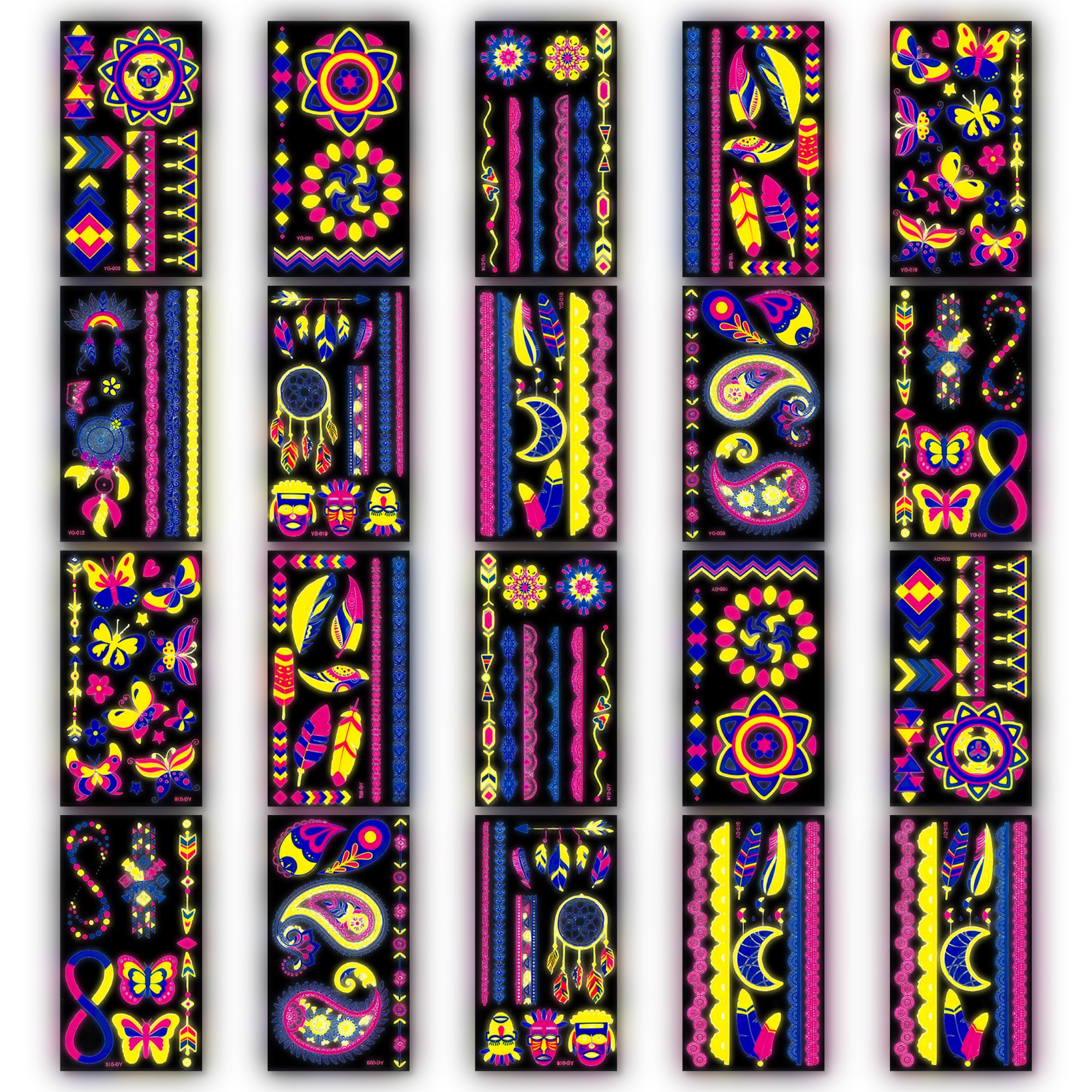 Glow in the Dark Neon Temporary Tattoos - 20 Sheets, 170+ Unique Designs for Party Rave Festival