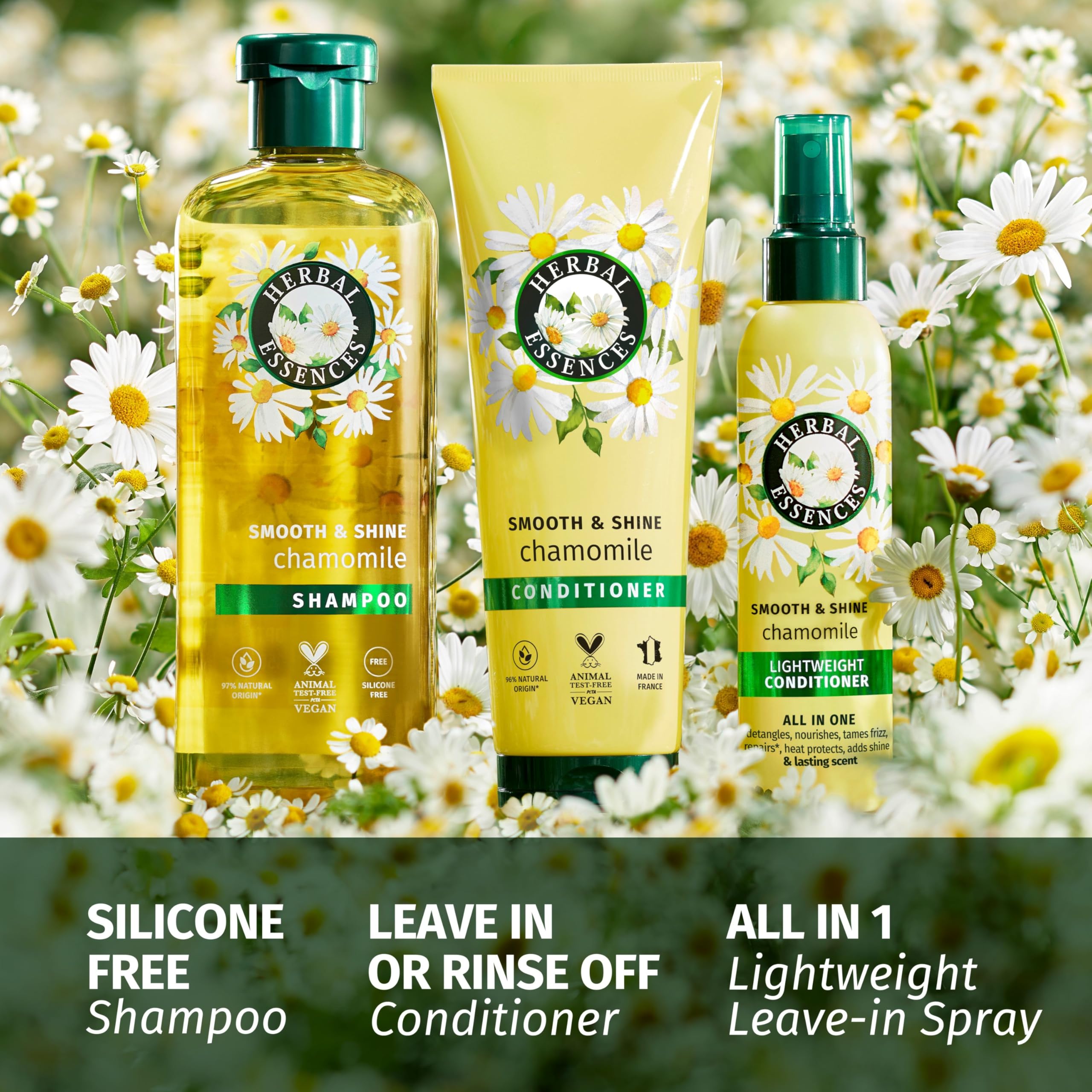 Herbal Essences Chamomile Smooth & Shine Set: Shampoo 350ml + Conditioner 250ml + Lightweight Leave-In Conditioner All In One 145ml