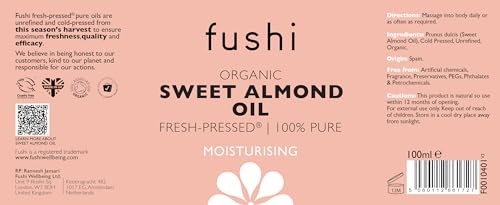 Fushi Sweet Golden Almond Organic Oil 100 ml | Fresh-Pressed | Best for Dull Skin, Dry Hands, Skin Cleansing, Sensitive Skin|Ethical & Vegan Society Approved|Manufactured in the UK