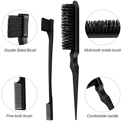 Sularpek 3 Pcs Slick Brush Set, Plastic Bristle Hair Brush Teasing Comb Edge Hair Brush Teasing Brush Set, Rat Tail Comb Double Sided Edge Brush, for Teasing Hair Slicking Brushing Combing Styling