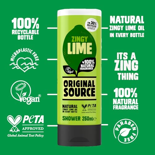 Original Source Lime Shower Gel with 100% Natural Fragrance, Vegan Shower Gel, Paraben Free Body Shower Wash, 8.45 Fl Oz (Pack of 6)