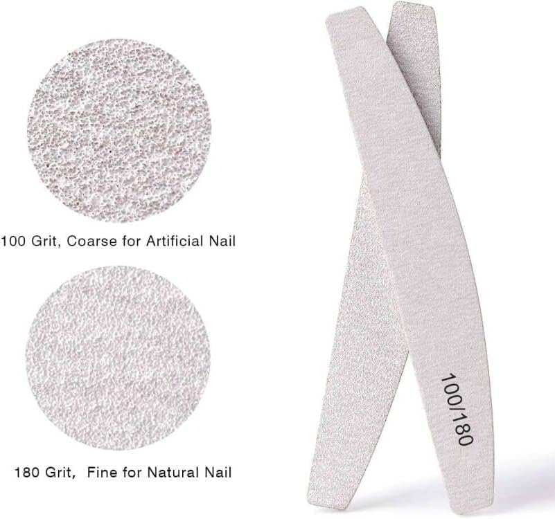 5 Pcs Professional Nail Files 100/180 Grit Double Sided Half Moon Washable Nail Files Emery Board Nail Shaping Manicure Tools - Professional Salon & Home Use