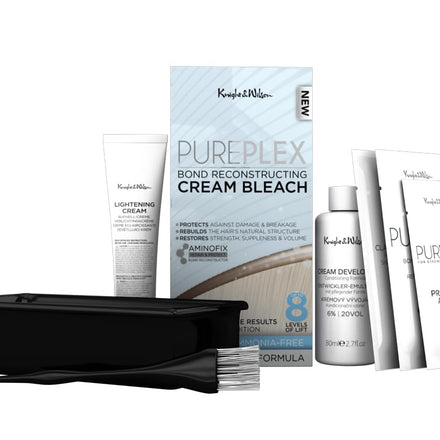 Knight & Wilson PurePlex Cream Hair Bleach. Powder Free. Bond Reconstructing. Up to 8 of Lift, Protects & Repairs during Lightening. Complete bleaching kit with tint bowl and brush. Ammonia Free.