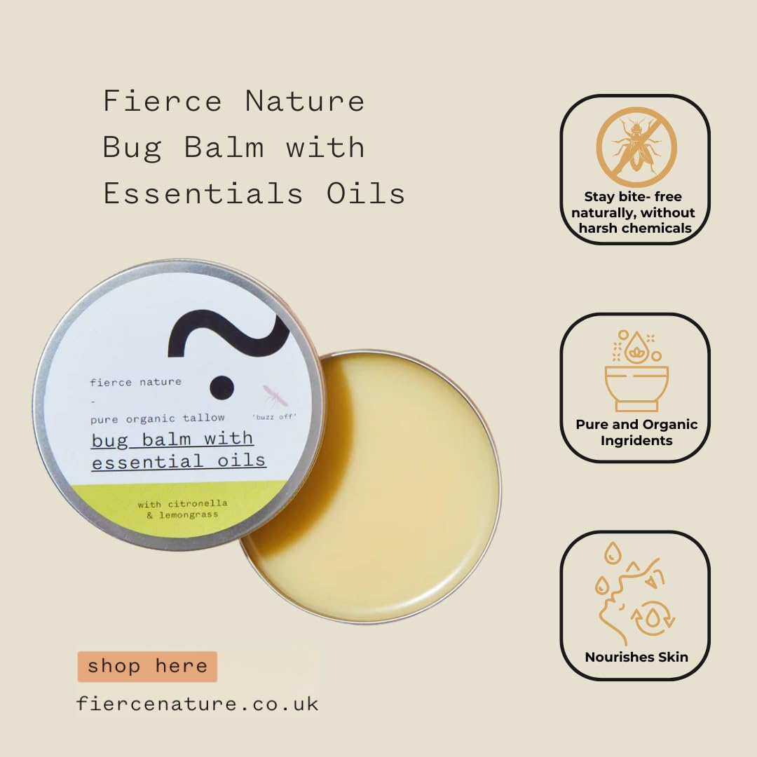 Fierce Nature Bug Balm – Natural Tallow Balm with Citronella & Lemongrass Essential Oils – Nourishing Vitamin-Rich Body & Hand Balm – Insect Repellent for Men & Women – 100g