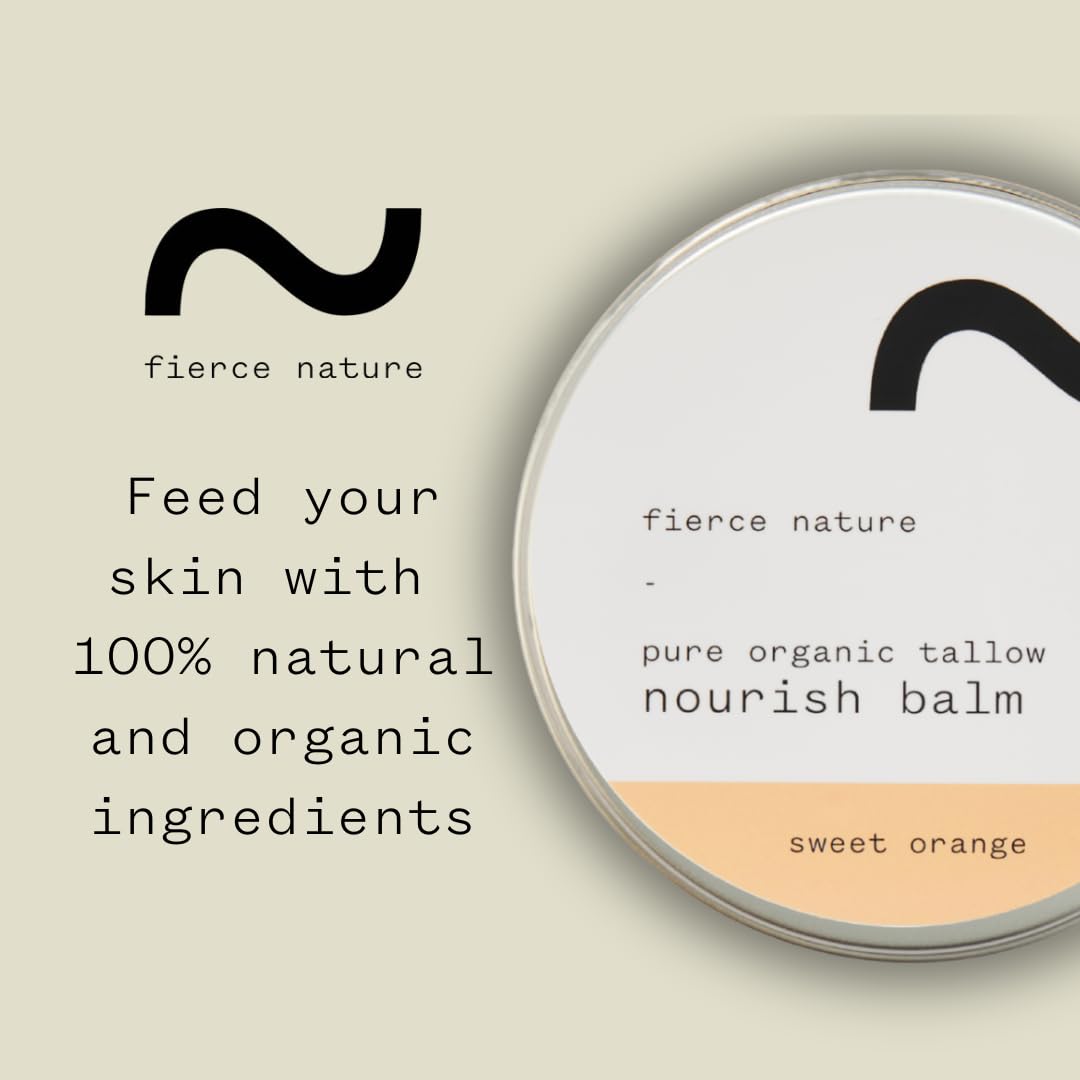 Fierce Nature Pure Nourish Tallow Balm | Organic, Vitamin-Rich Nourishing Body & Face Moisturizer | Natural, Essential Oil Free Skincare | (100g, Sweet Orange)