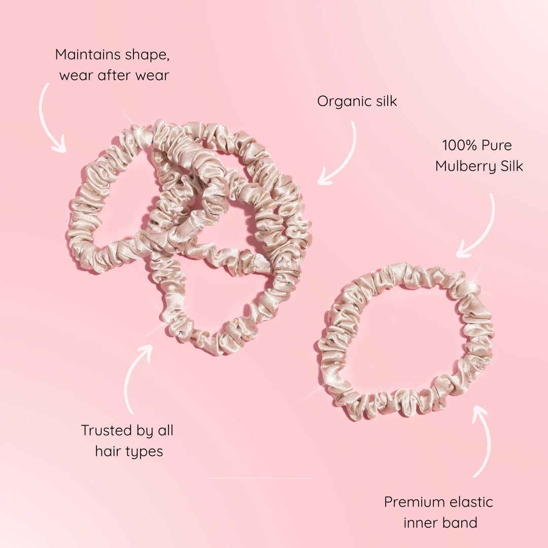 SILKIE x4 Set 100% Pure Mulberry Silk Champagne Skinny Scrunchies Travel Pouch Everyday Hair Ties Elastics Hair Care Ponytail Holder No Damage(Champagne)