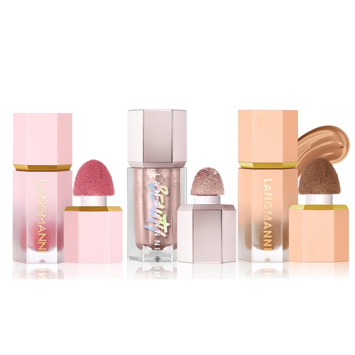 3 Pack Liquid Contour & Highlighter & Blush Makeup Set, Long Lasting Natural Weightless Buildable Contouring Bronzer Blusher Stick Beauty Wand Liquid Highlighter Makeup (Set A)