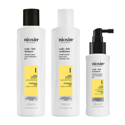 Nioxin Scalp + Hair Thickening System 1 Kit - Hair Thickening System for Natural Hair with Light Thinning - Shampoo, Conditioner & Scalp Treatment (150+150+50ml)
