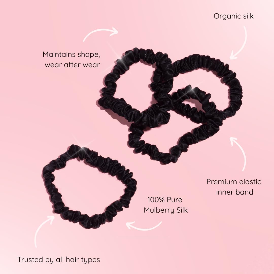SILKIE x4 Set 100% Pure Mulberry Silk Black Skinny Scrunchies Travel Pouch Everyday Hair Ties Elastics Hair Care Ponytail Holder No Damage (Noir)