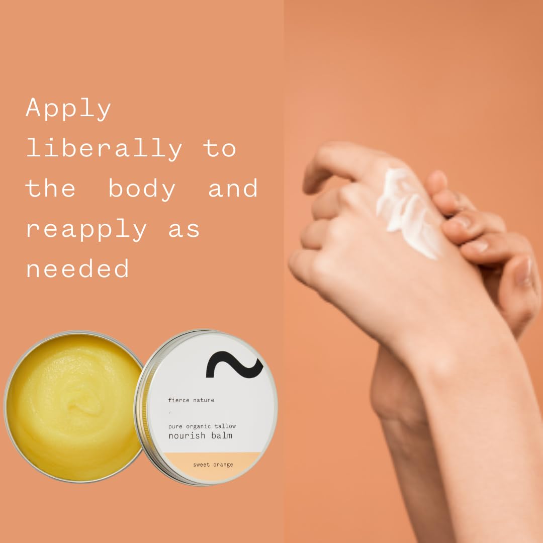 Fierce Nature Pure Nourish Tallow Balm | Organic, Vitamin-Rich Nourishing Body & Face Moisturizer | Natural, Essential Oil Free Skincare | (100g, Sweet Orange)