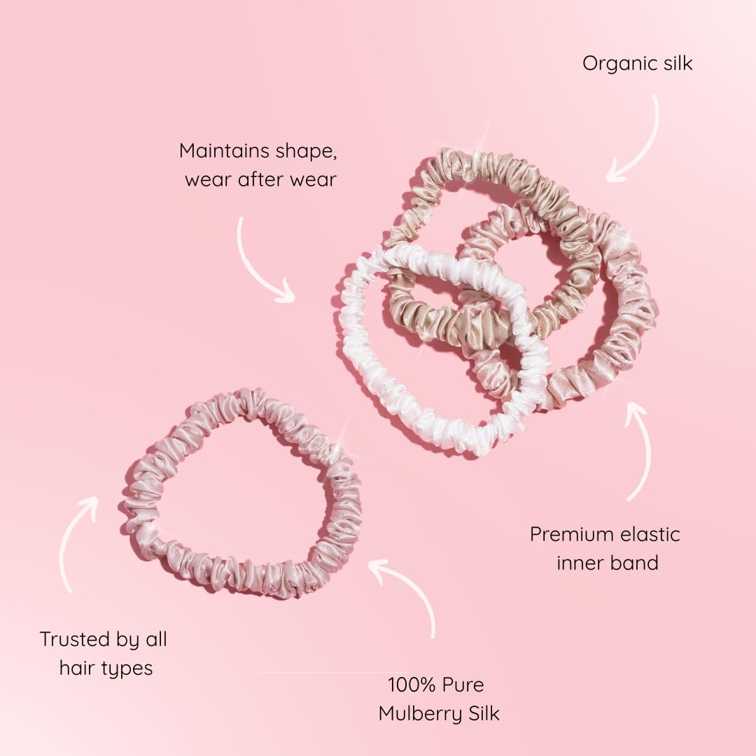 SILKIE x4 Set 100% Pure Mulberry Silk Nude Pink Neutral Skinny Scrunchies Travel Pouch Everyday Hair Ties Elastics Hair Care Ponytail Holder No Damage