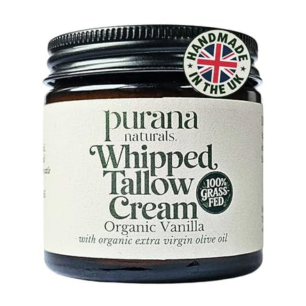Whipped Tallow Cream - Grass-Fed, Halal Beef Tallow Skincare with Organic Olive Oil - Seed Oil Free, Face Cream & Body Moisturiser for Dry Skin & Eczema Relief (60ml, Organic Vanilla)