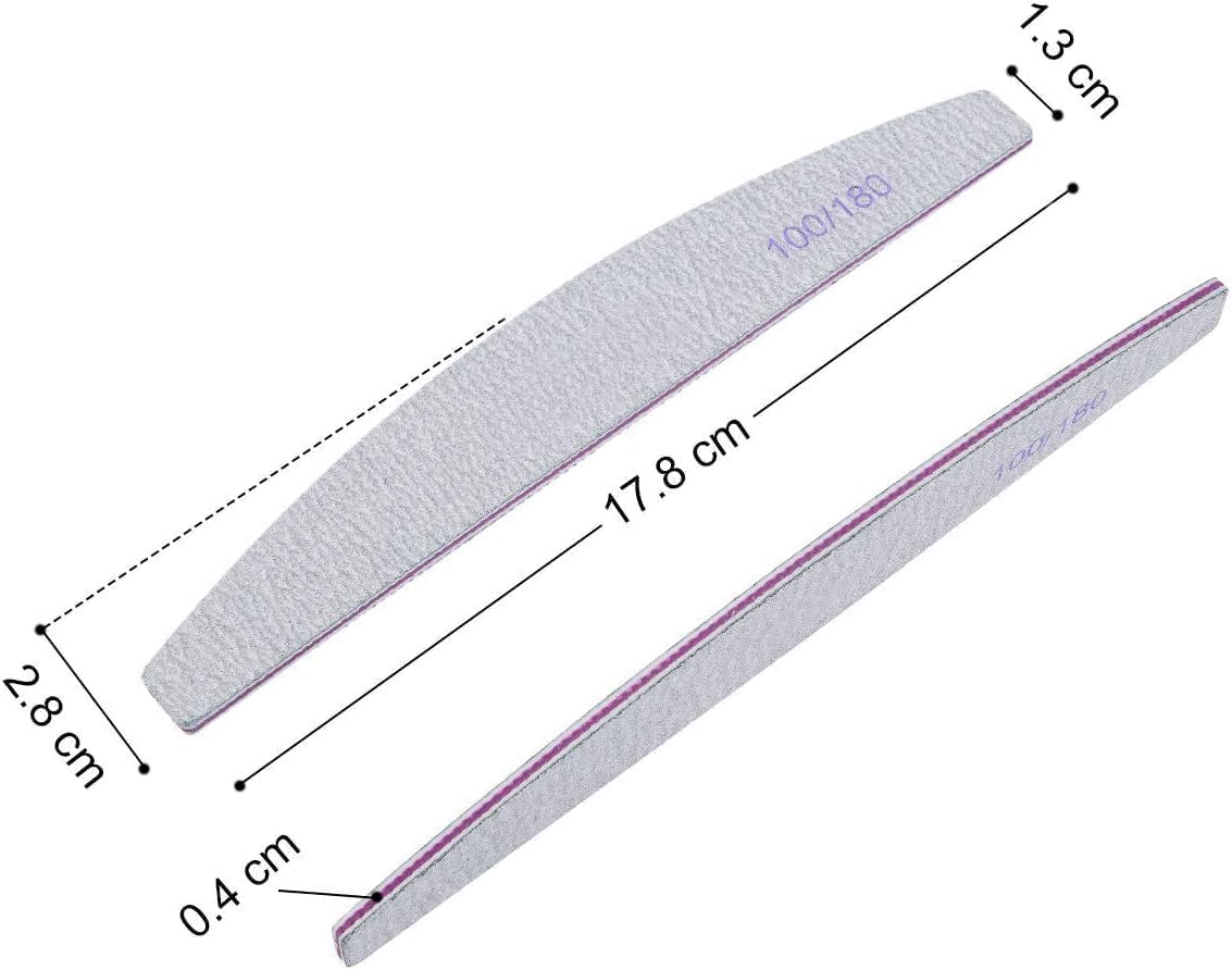 5 Pcs Professional Nail Files 100/180 Grit Double Sided Half Moon Washable Nail Files Emery Board Nail Shaping Manicure Tools - Professional Salon & Home Use