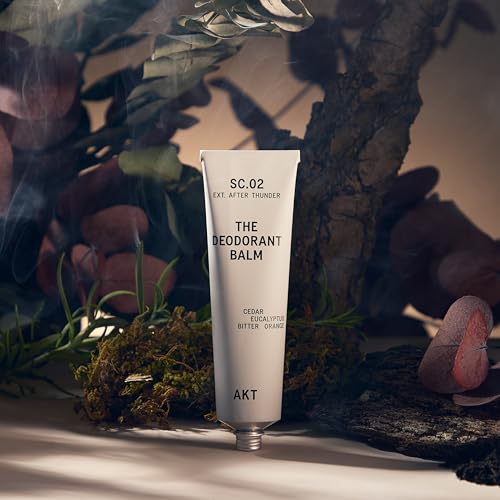 AKT, THE DEODORANT BALM. Award winning, multi-use, natural deodorant. Plastic Free. Gender Free. Aluminium Free. 100% effective — 1 tube lasts up to 3 months. SC.02 AFTER THUNDER. 50ml