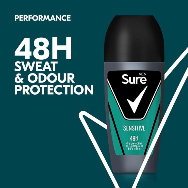 Sure Antiperspirant Roll On Sensitive 48H Sweat and Odour Protection Roll On with Sandalwood, Patchouli and Vanilla Fragrance Deodorant for Men, 50ml Pack of 6