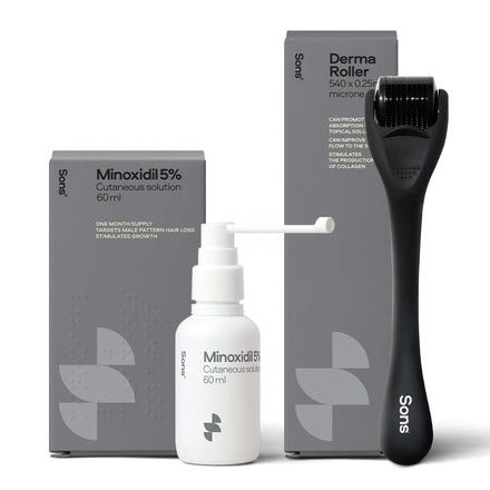 Sons Minoxidil 5% Cutaneous Solution & Dermaroller for Men. Hair Regrowth Treatment for Hair Loss & Thinning in Men. Microneedling Stimulates Collagen & Reactivates Shrunken Follicles. Made in Europe.