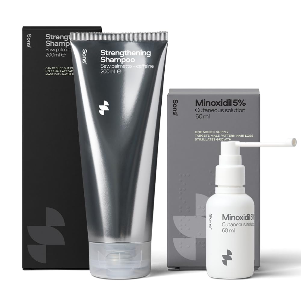 Sons Minoxidil 5% Solution & Hair Growth Shampoo for Men. Hair Regrowth Treatment & DHT Blocker Head Wash With Caffeine and Hair Thickening, Anti-Dandruff Formula. 1 Month Supply. Made in Europe.