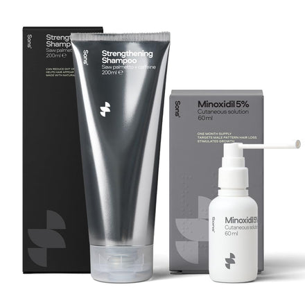 Sons Minoxidil 5% Solution & Hair Growth Shampoo for Men. Hair Regrowth Treatment & DHT Blocker Head Wash With Caffeine and Hair Thickening, Anti-Dandruff Formula. 1 Month Supply. Made in Europe.