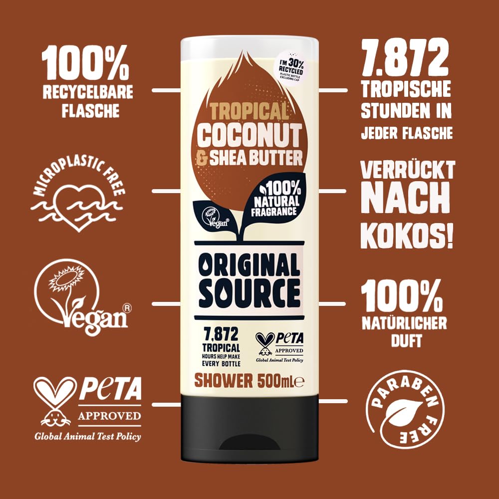 Original Source Coconut and Shea Butter Shower Gel, 100 Percent Natural Fragrance, Vegan, Cruelty Free, Paraben Free, Bulk Buy, Pack of 6 x 500 ml