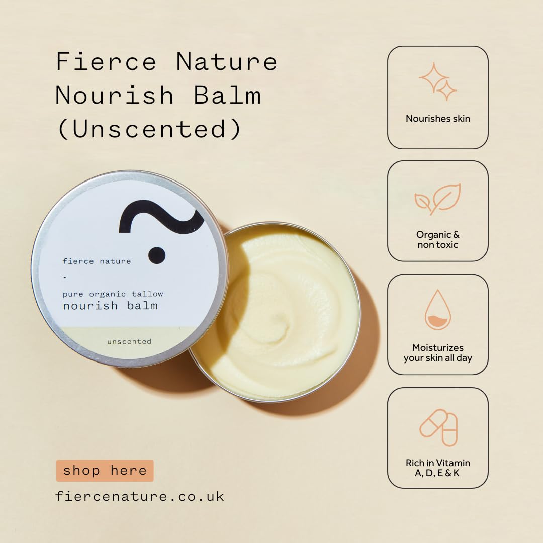 Fierce Nature Pure Nourish Tallow Balm | Organic, Vitamin-Rich Nourishing Body & Face Moisturizer | Natural, Essential Oil Free Skincare | Unscented 100g