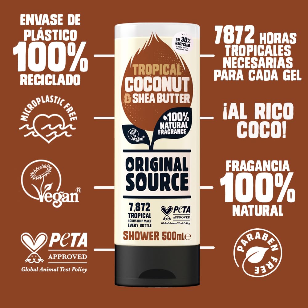 Original Source Coconut and Shea Butter Shower Gel, 100 Percent Natural Fragrance, Vegan, Cruelty Free, Paraben Free, Bulk Buy, Pack of 6 x 500 ml