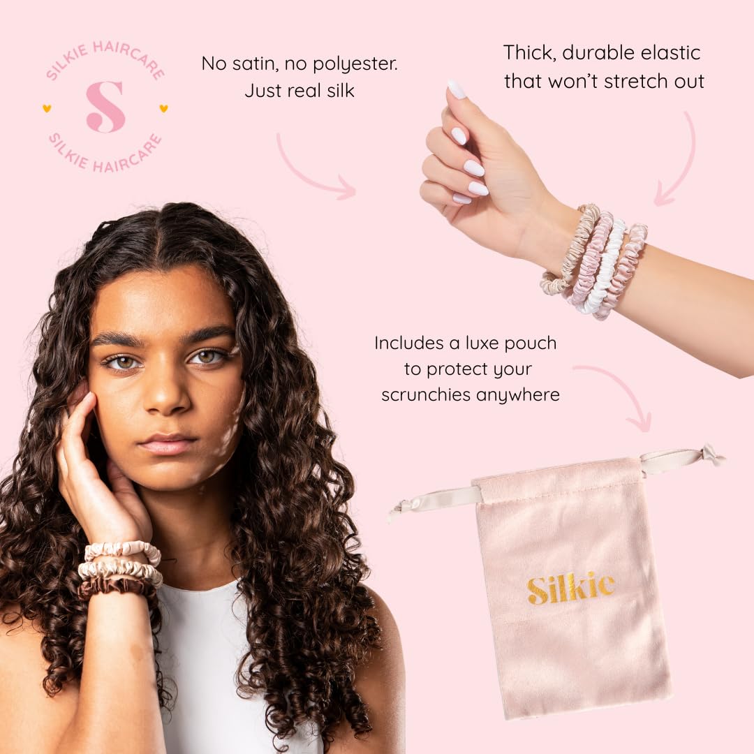 SILKIE x4 Set 100% Pure Mulberry Silk Black Skinny Scrunchies Travel Pouch Everyday Hair Ties Elastics Hair Care Ponytail Holder No Damage (Noir)