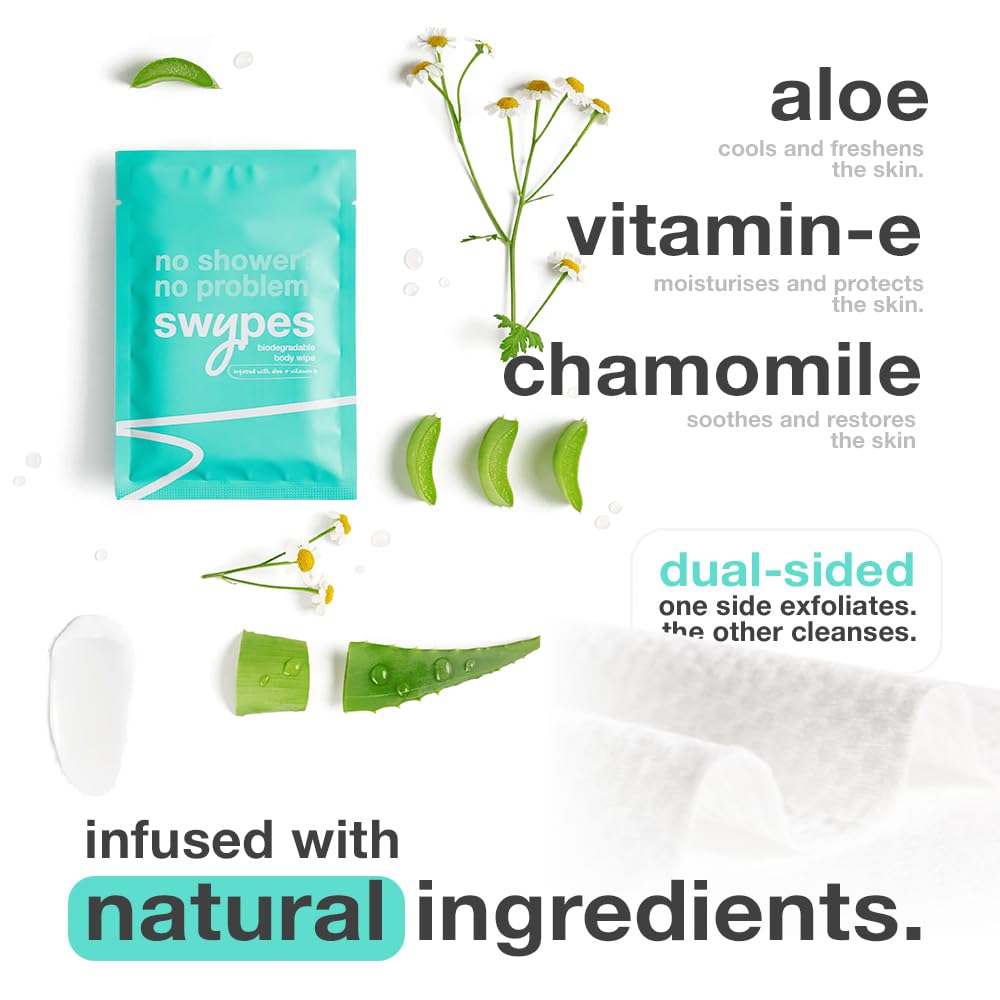 Swypes | 15 Large Individually Wrapped 100% Biodegradable Dual Sided No Rinse Body Wipes for Face & Body | Vitamin-E Infused | For Sports Gym Wipes Travel Camping Festival