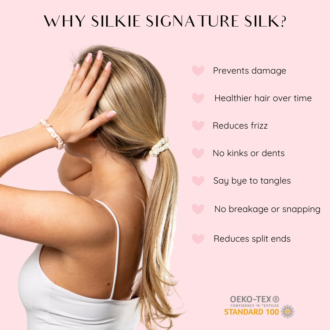 SILKIE x4 Set 100% Pure Mulberry Silk Champagne Skinny Scrunchies Travel Pouch Everyday Hair Ties Elastics Hair Care Ponytail Holder No Damage(Champagne)