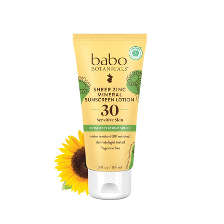 Babo Botanicals Zinc Sunscreen Lotion SPF 30 with 100% Mineral Actives, Non-Greasy, Water-Resistant, Fragrance-Free, Vegan, For Babies, Kids or Sensitive Skin, Clear, 3 Fl Oz