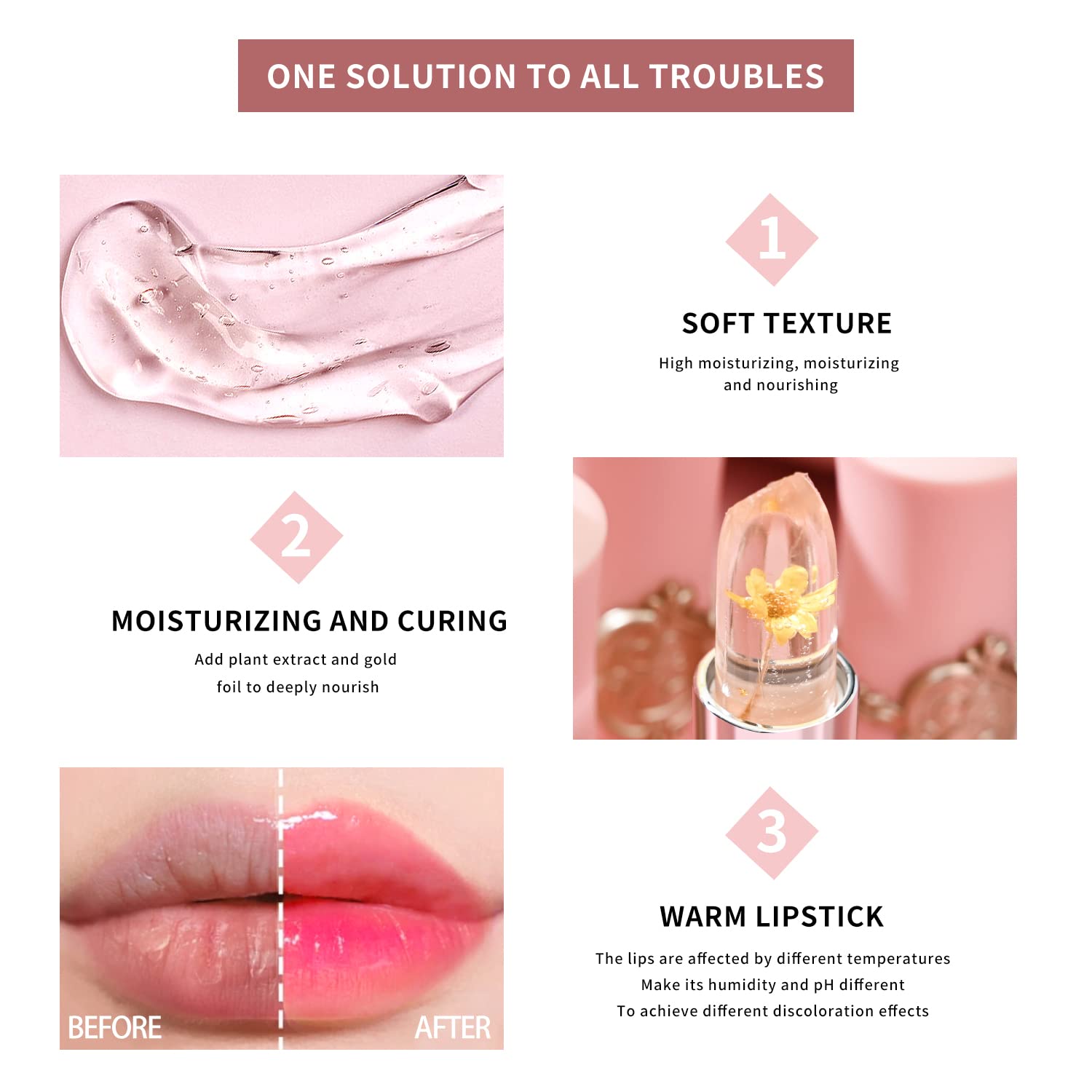6 Packs Flower Jelly Lipstick Set Magic Temperature Color Change Lip Balm Long Lasting Moisturizer Lip Gloss Flower Jelly Lipstick Makeup Set (6PCS Set A)