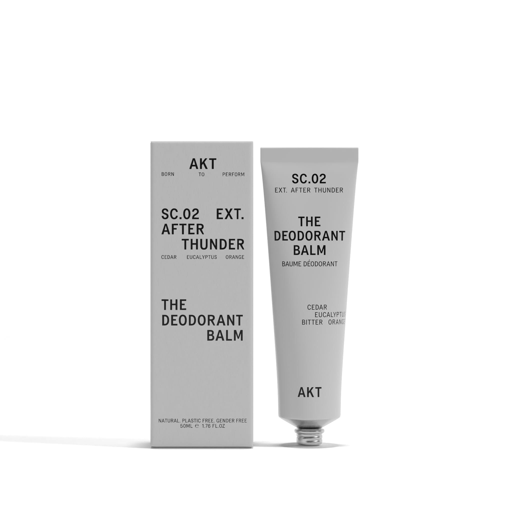 AKT, THE DEODORANT BALM. Award winning, multi-use, natural deodorant. Plastic Free. Gender Free. Aluminium Free. 100% effective — 1 tube lasts up to 3 months. SC.02 AFTER THUNDER. 50ml