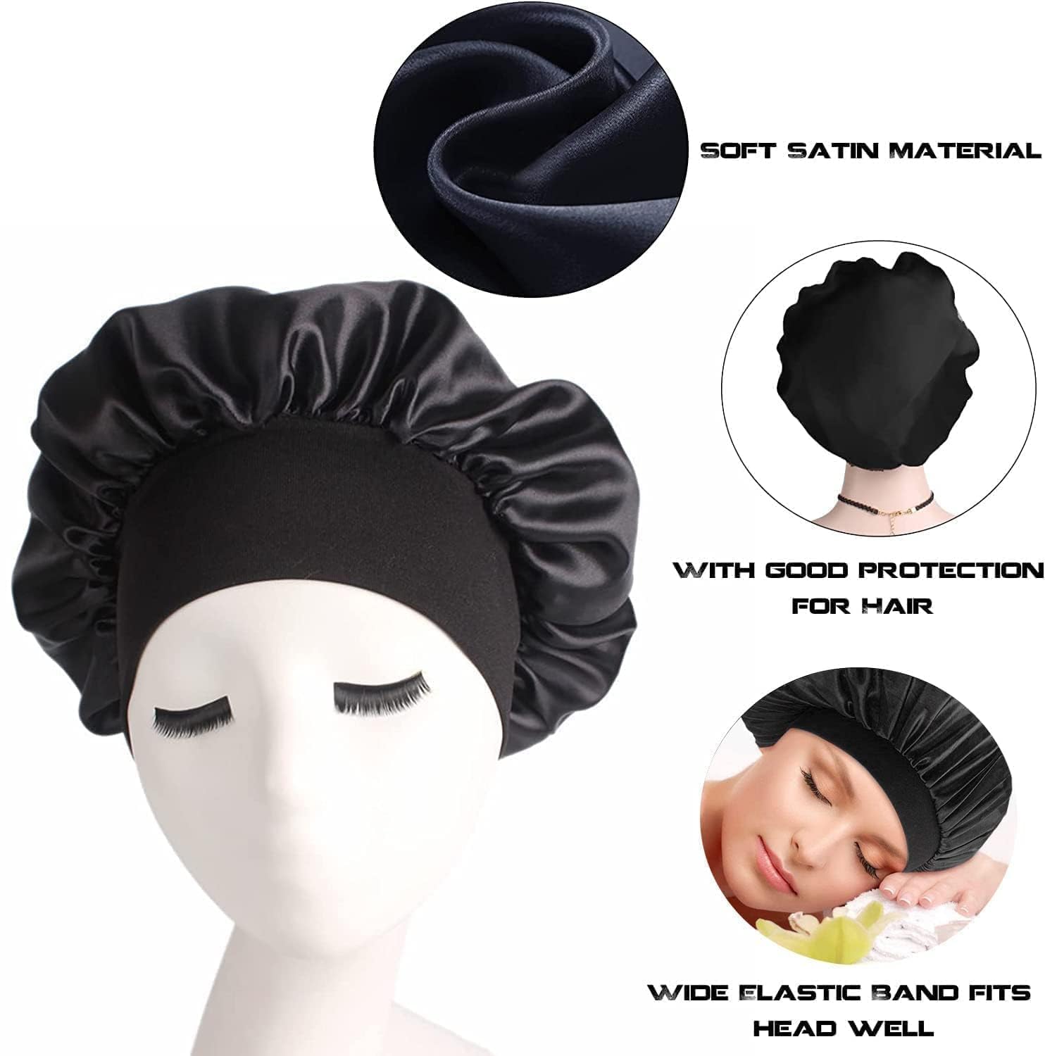 Silk Hair Wrap for Sleeping,Silk Hair Bonnet, 1pcs Night Sleep Cap Silk Bonnet for Women Girls, Hair Care Sleeping Head Cover Elastic Hat Hair Bonnet for Black Hair Curly Hair., black