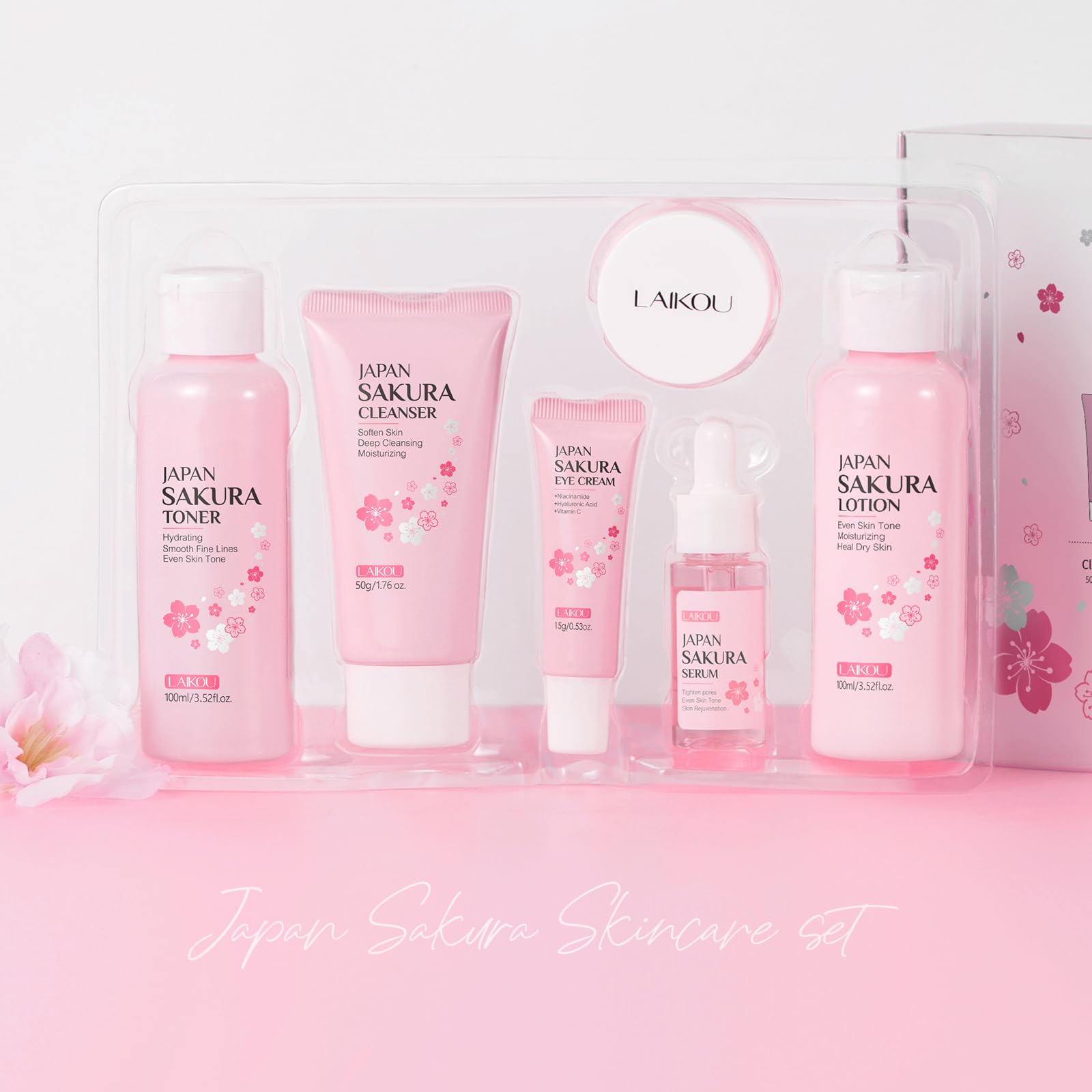 LAIKOU Skincare Set, JAPAN Sakura Skin Care Sets & Kits - Cleanser, Toner, Lotion, Serum, Eye Cream, Face Cream, Travel Gift Sets for Women Teenage Girls Mom Daughter, TSA-friendly Sizes 6pcs