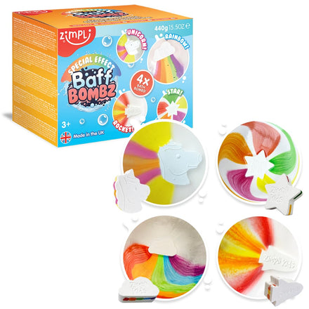 4 x Large Special Effect Bath Bombs Pack, Magic Bath Bombs, Star, Rocket, Rainbow & Moon, Christmas Gifts for Kids, Stocking Fillers for Children