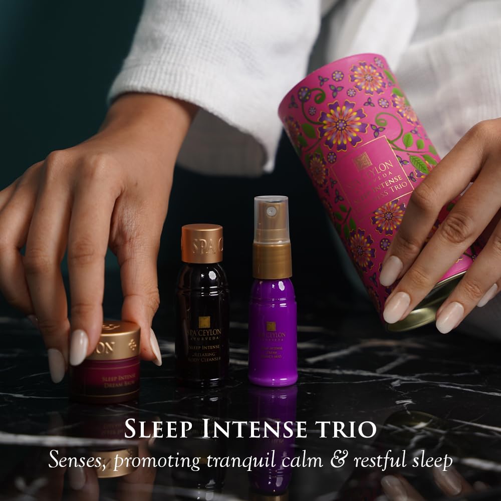 SPA CEYLON Sleep Intense Wellness Trio Set | Intensive Spa Essentials for Deep Rest | Ayurvedic Pampering Kit with Natural Ingredients | Lavender Ylang Ylang | Shower Gel, Body Mist, Balm | Gift set
