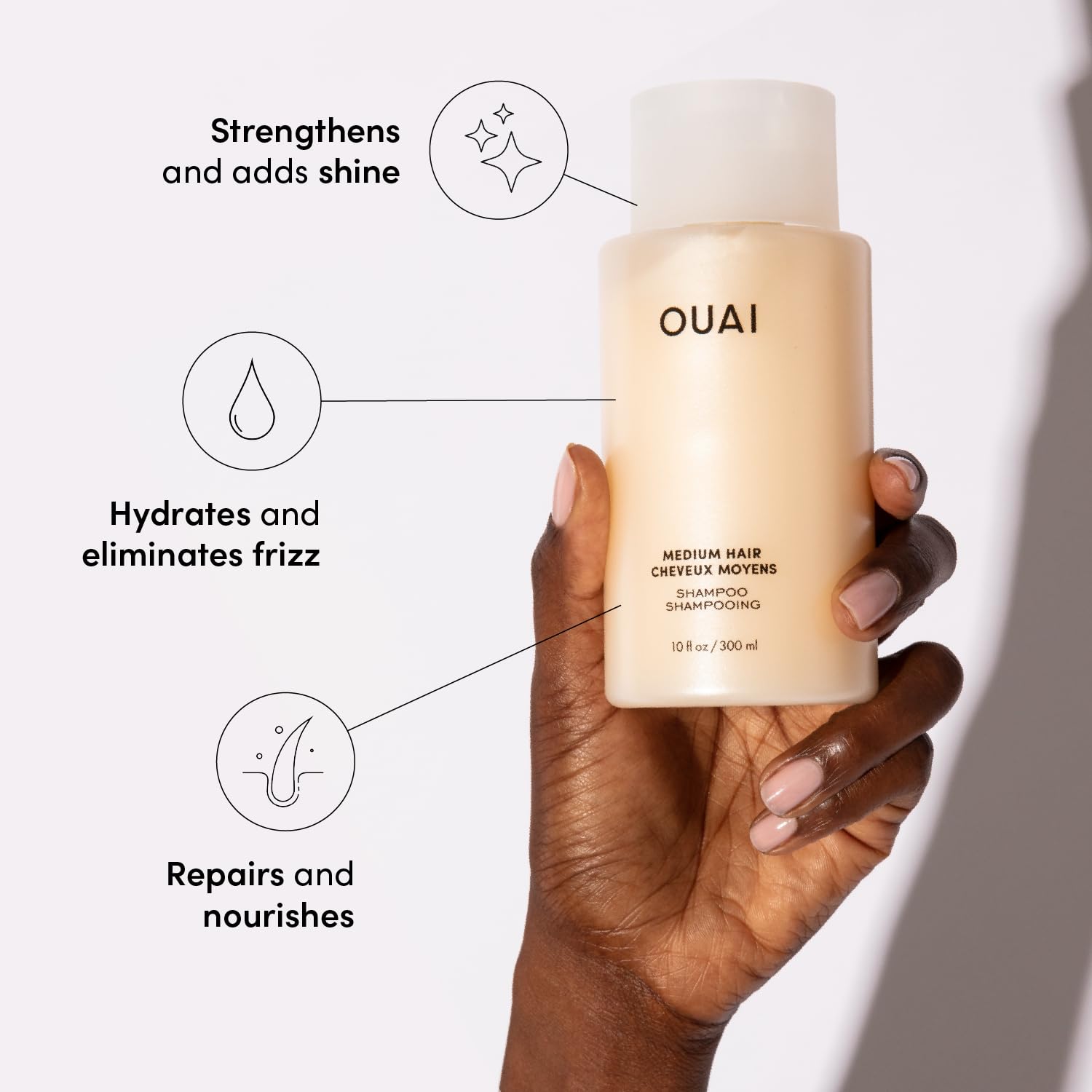 OUAI Medium Shampoo + Conditioner Set - Nourishes with Babassu and Coconut Oils, Strengthens with Keratin & Adds Shine with Kumquat Extract - Free of Parabens, Sulfates & Phthalates - 300 ml Each