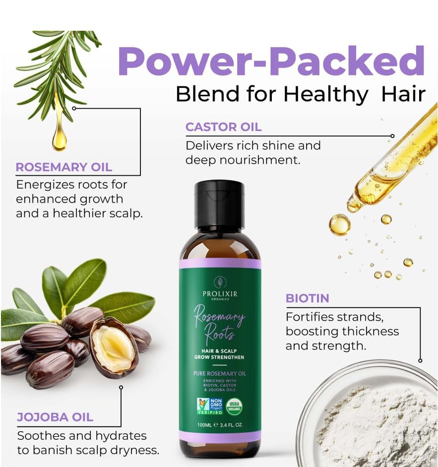 Organic Rosemary Hair Growth Oil with Castor, Jojoba, and Argan Oils – Biotin-Infused Scalp Treatment for Dry, Damaged, and Frizzy Hair – 100ml
