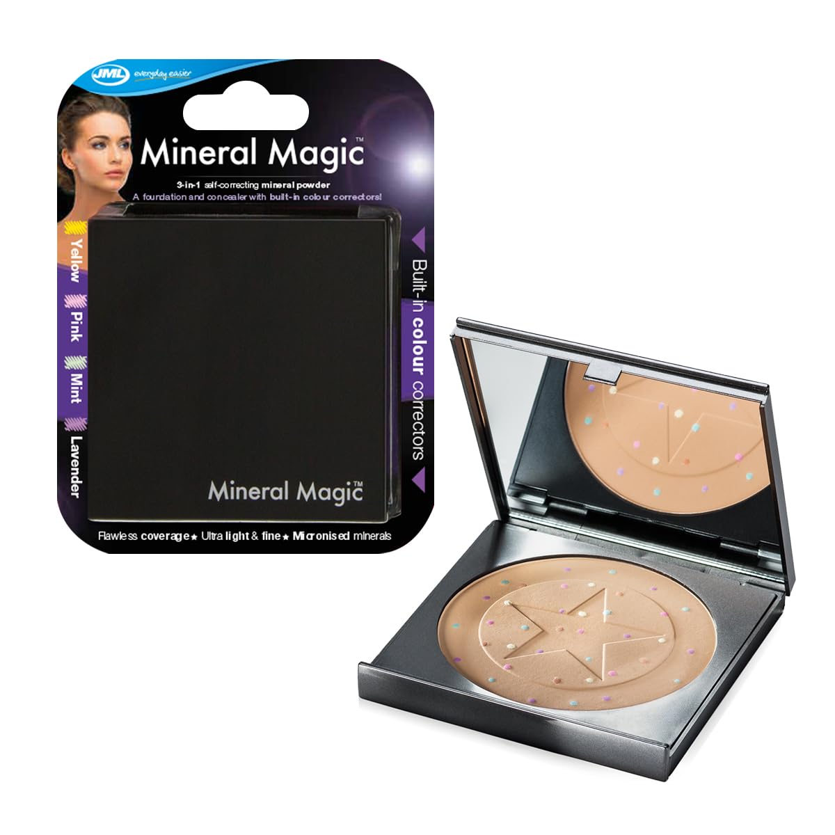 JML Mineral Magic Powder Makeup 3in1 - Pressed Face Powder Foundation that Covers, Conceals, Corrects and Matches Skin Tone, Full Coverage Make Up, Cover Fine Lines, Blemishes, Dark Circles, Original