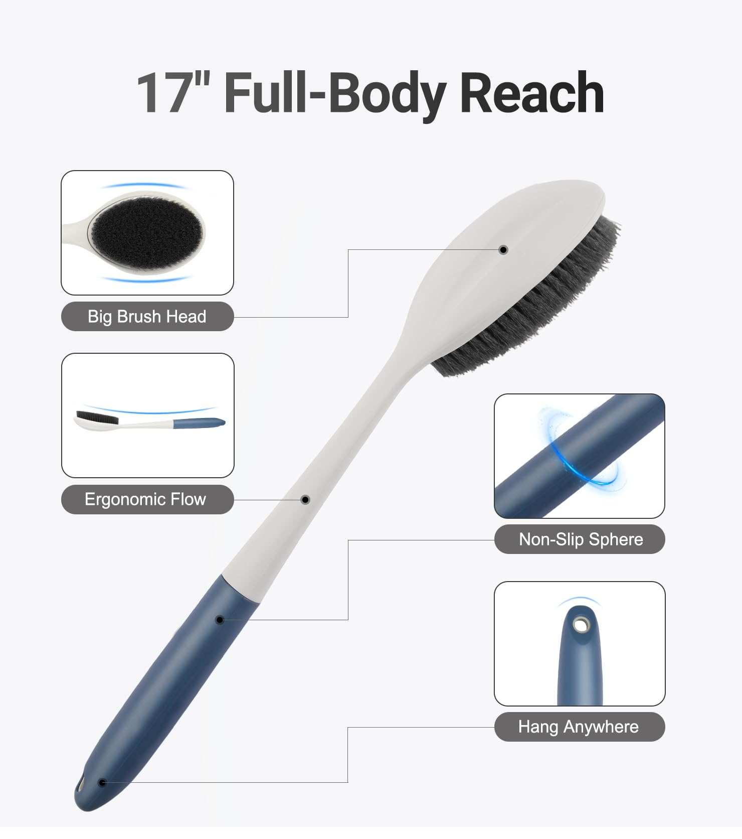 surlees Back Scrubber for Shower for Men & Women 17" | Body Brush for Wet & Dry Brushing | Exfoliating Body Scrubber & Back Brush | Shower Brush with Long Handle for Cellulite & Acne